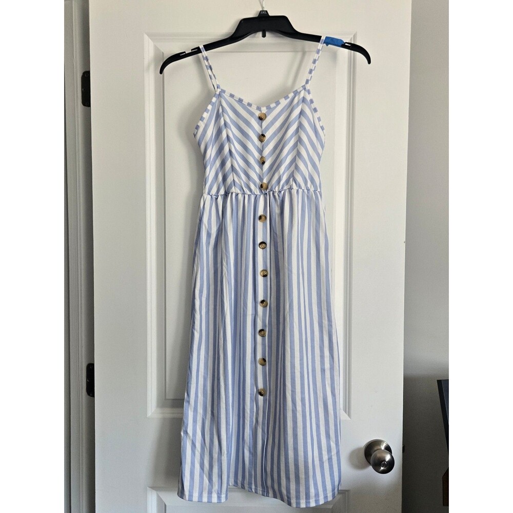Blue and White Striped Button Front Midi Dress med